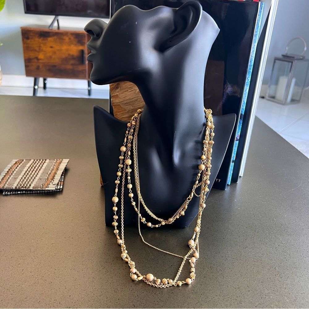 Elegant Multi-Strand Beaded Necklace Vintage Gold Tone
